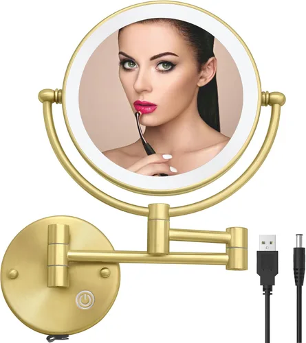 Vista 8 de Espejo de maquillaje de latón montado en la pared con luces y aumento, espejo de aumento iluminado recargable para montaje en pared con 1X y 5X