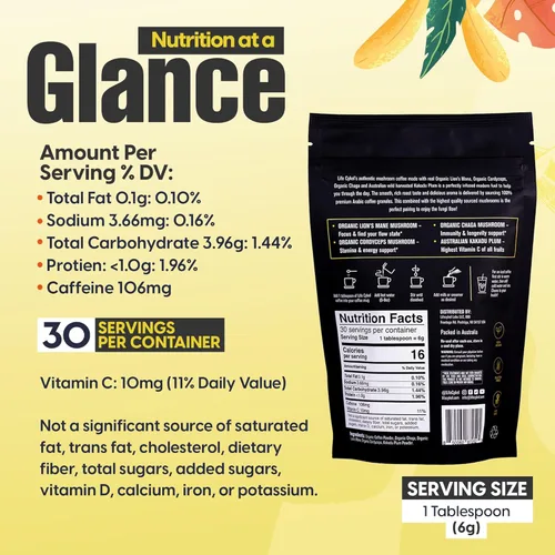 Vista 2 de Café de hongos Lifecykel - Mezcla de arábica con melena de león, extracto de chaga, Cordyceps y ciruela Kakadu Enfoque Adaptogénico, suave y sin