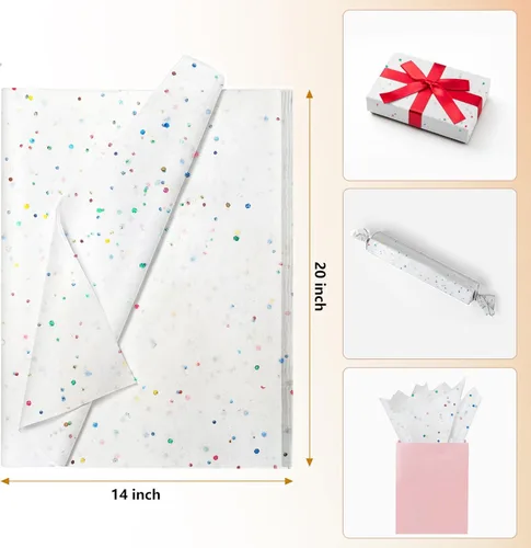 Vista 3 de Papel de seda blanco con purpurina para bolsas de regalo, 36 hojas de 14 x 20 pulgadas, papel de regalo reciclable para bodas, cumpleaños