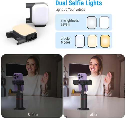 Vista 5 de Trípode de seguimiento facial automático con luces de llenado, no requiere aplicación, soporte de cámara de teléfono con rotación de 360°