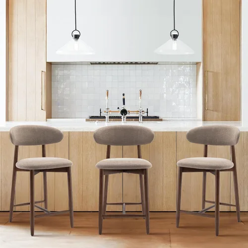 Vista 23 de Taburetes de bar tapizados de altura de mostrador, sillas de isla de cocina con respaldo, taburetes de mostrador modernos con patas de madera