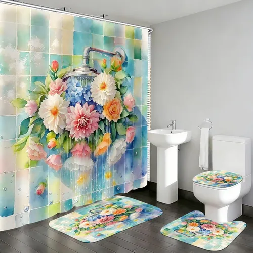 Vista 13 de DDQQ Juego de 4 cortinas de ducha de libélula de flores azules con alfombras, plantas florales neutrales, juego de decoración de baño impermeable