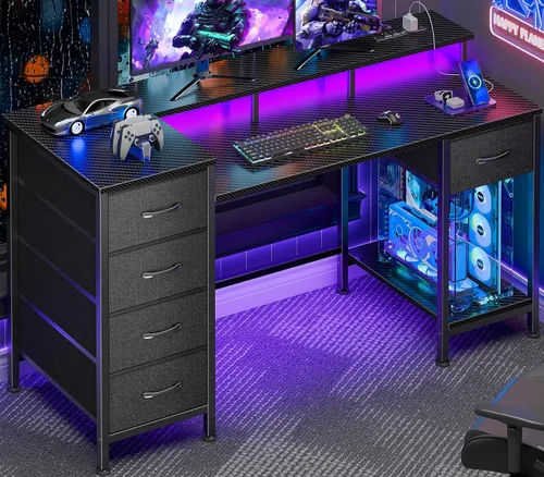 Vista 10 de Escritorio para computadora de 47 pulgadas con 5 cajones de almacenamiento de tela, escritorio para juegos con tomas de corriente y luces LED