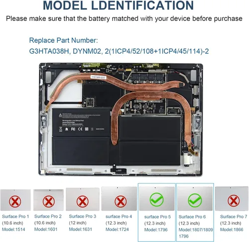 Vista 8 de Futurebatt G3HTA038H Batería para Microsoft Surface Pro 5th 1796 (2017) Serie Pro 6 1807 1809 1796 (2018) Serie Core i5 i7 m3 Serie FJU-00001