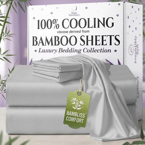 Vista 28 de SLEEP SANCTUARY 100% viscosa orgánica derivada de sábanas de bambú, tamaño individual, 4 piezas, ultra suave y refrescante, bolsillo profundo de 17