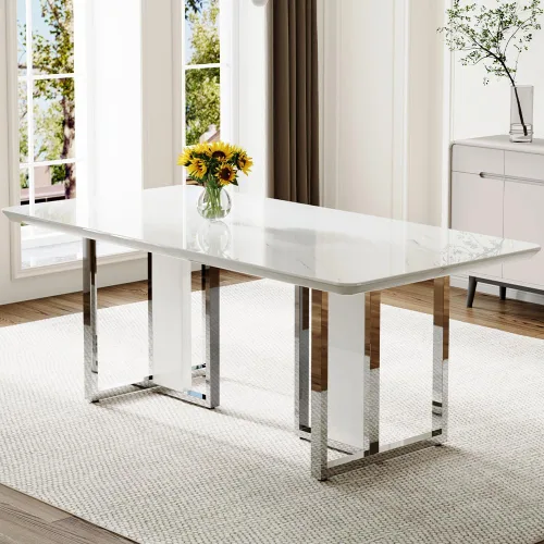 Vista 33 de Juego de mesa de comedor MEMUY de 160 cm para 4 personas, juego de mesa de comedor blanco para 4, juego de mesa y sillas de comedor de mármol