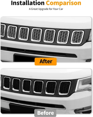 Vista 3 de Hoolcar 7 piezas de insertos de parrilla delantera con malla para accesorios exteriores Jeep Compass 2017-2020, cromo