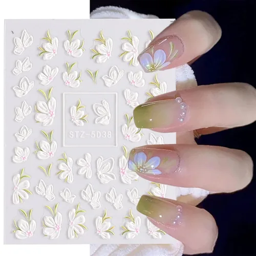 Vista 5 de Calcomanías de arte de uñas de flores de primavera en relieve 3D, 4 hojas 5D, pegatinas autoadhesivas para uñas, flores de cerezo rosa, suministros