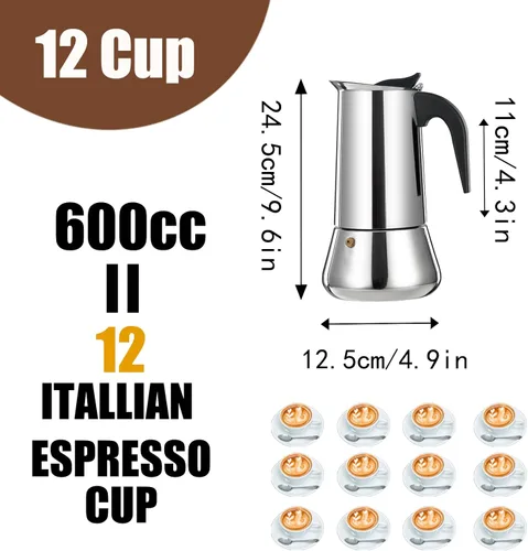 Vista 3 de 12 Tazas Cafetera de Espresso para Estufa Acero Inoxidable Moka Olla para Estufa Percolador Cafetera Italiana Capaz de Preparar Mocha Greca Máquina