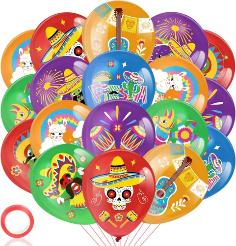 HOWAF 36 globos de fiesta mexicana, globos de látex del Cinco de Mayo para decoraciones de fiesta de taco, globos de fiesta de tacos para carnavales