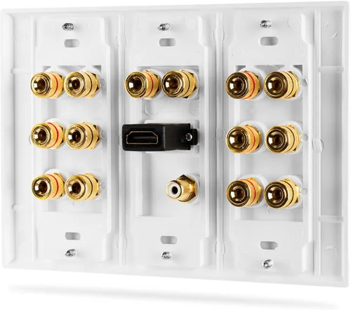 Vista 3 de Fosmon HD8006 placa de pared de 3 grupos para sonido envolvente 7.1 de Home Theater con uniones de cobre chapadas en oro. Blanco