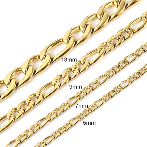 Vista 7 de Collar de acero inoxidable Hzman unisex, bañado en oro de 24 K, collar de acero inoxidable con cadena fígaro, ancho de 5, 7, 9 y 13 mm.