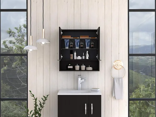 Vista 2 de FM FURNITURE Ozark - Botiquín con espejo de 24 pulgadas con estante y almacenamiento cerrado para baño