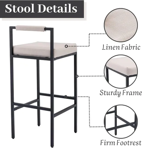 Vista 3 de ROCITY Juego de 2 taburetes de bar de 30 pulgadas, taburetes altos de barra industrial, taburete de bar tapizado de lino con base de metal, asientos