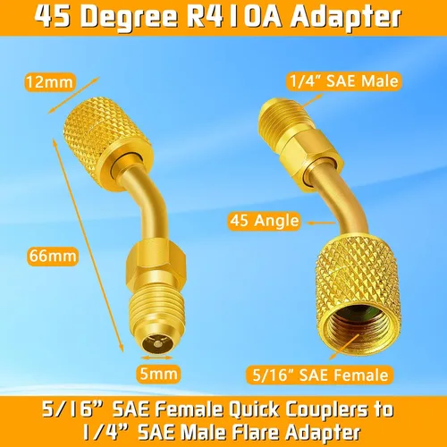 Vista 3 de Adaptador giratorio R410A para puerto de vacío de carga, convertidor de latón con adaptador SAE hembra de 5/16 pulgadas a SAE macho estriado de 1/4