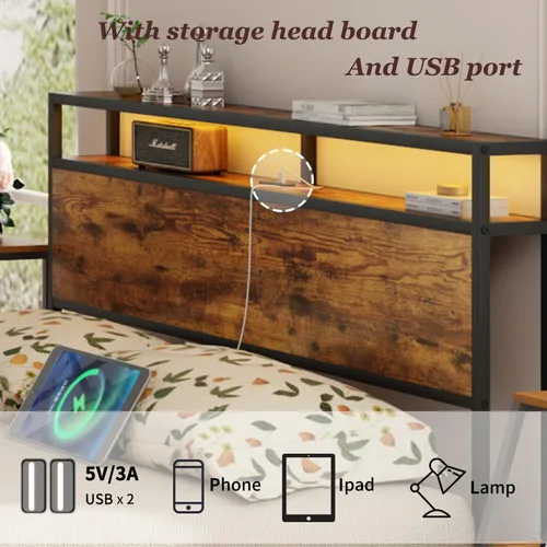 Vista 6 de Base de cama matrimonial con luces LED y 2 puertos de estación de carga USB, base de cama de plataforma de tamaño matrimonial, no necesita somier