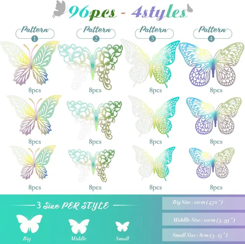 Vista 2 de Decoración de pared de mariposa dorada 3D de 3 tamaños y 4 estilos, decoraciones de fiesta de mariposas, decoraciones de pasteles, calcomanías