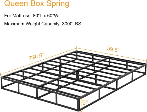 Vista 3 de Somier tamaño Queen, 9 pulgadas de alto perfil con cubierta de cama de tela, marco de metal resistente sin ruido, base de colchón de estructura
