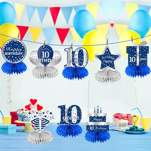 Vista 3 de Kauayurk - 8 centros de mesa de panal azul plateado para décimo cumpleaños de niños, suministros de fiesta de cumpleaños para decoración de mesa
