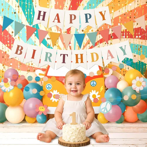 Vista 4 de Kriyokiaa Juego de decoraciones retro boho de feliz cumpleaños con globos de arco iris, pancarta de feliz cumpleaños, bandera de papel, guirnalda