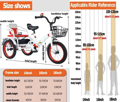 Vista 8 de Folding Toddler trikes with Parent Handle,3-10 Years Tandem tricycles with Rear Passenger seat,Height Adjustable Saddle with armrest,3 Wheeler Pedal