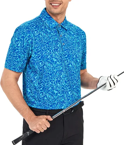 Vista 4 de Esabel.C Camisas de golf para hombre, ajuste seco, manga corta, estampado de manga corta, absorbe la humedad