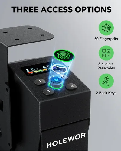 Vista 3 de Caja de Seguridad Biométrica para Pistolas con Lector de Huellas Digitales, Caja de Seguridad para Armas de Mano con Montaje Desplegable Bajo Mesa
