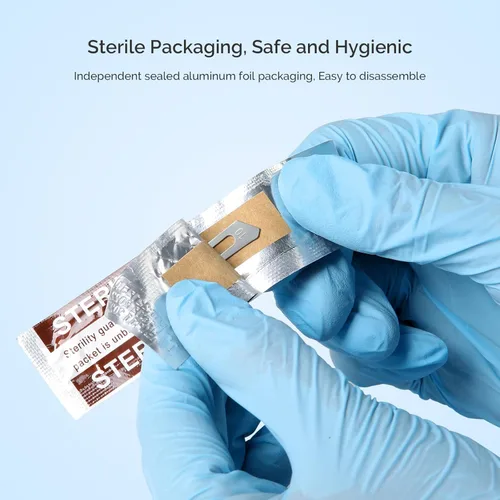 Vista 4 de JMU 100 piezas de cuchillas quirúrgicas estériles N.°10, cuchillas de bisturí de acero inoxidable, envueltas individualmente en papel de aluminio