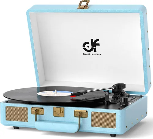 Vista 12 de Tocadiscos de maleta con Bluetooth vintage con altavoces integrados, tocadiscos portátil de 3 velocidades con grabadora de audio de vinilo USB, Rosa