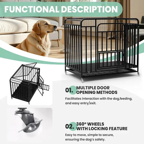 Vista 8 de 42 Inch Indestructible Dog Crate with Double Door, Extra Large Kennel with Locking Latches, Escape-Proof Design for Large Breeds, Anxiety Relief