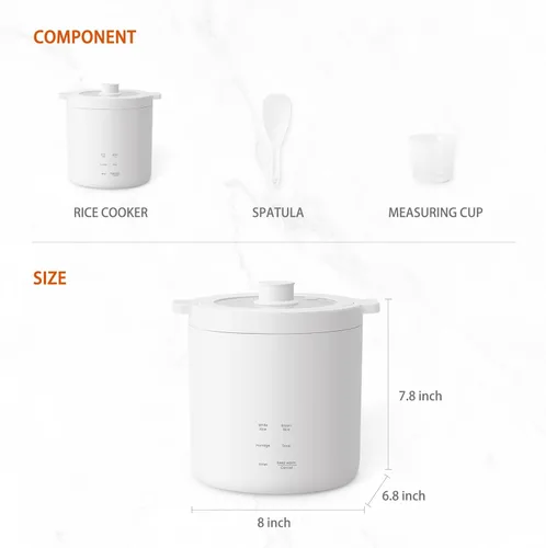 Vista 6 de Olayks - Mini olla arrocera de 2 tazas sin cocinar, pequeña olla eléctrica, con 4 funciones de cocción, preajuste de 24 horas y preservación