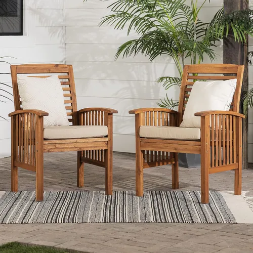 Vista 2 de Walker Edison Sillas de comedor de madera de acacia con respaldo de listones (juego de 2) y mesa auxiliar de madera Lio Oslo Patio Sense Marrón