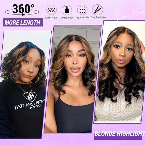 Vista 3 de LUVME HAIR Peluca de cabello humano corto ondulado con encaje frontal con reflejos rubios, sin pegamento, 5 x 5, cierre de encaje HD, peluca