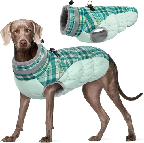 Vista 31 de FUAMEY - Abrigo para perro, chaqueta cálida de invierno, acolchada, chaleco reflectante con arnés, chaqueta de nieve impermeable con cremallera, a