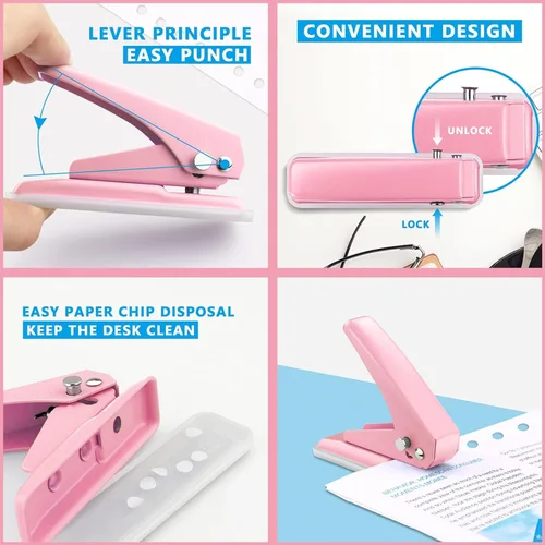 Vista 4 de Kit de suministros de oficina rosa para escritorio de mujer, grapadora rosa, dispensador de cinta y cinta, removedor de grapas, perforador de un