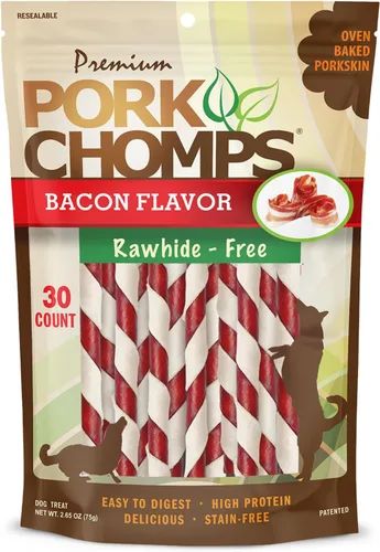 Vista 9 de Pork Chomps Masticables para perros de piel de cerdo al horno, 5 en mini giros, Pepperoni, 30 unidades Horneado con piel de cerdo real: un