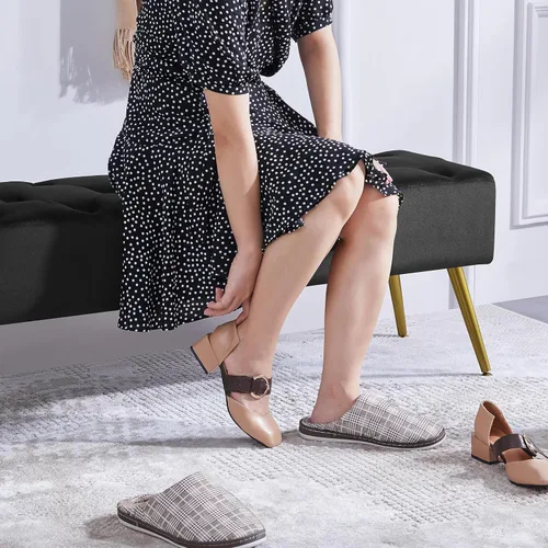 Vista 20 de Topeakmart Banco de comedor, banco tapizado con botones y base de metal dorado para cocina, sala de estar, entrada, color rosa