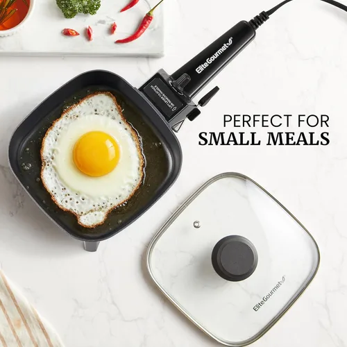 Vista 6 de Elite Gourmet EFS059 Sartén eléctrica personal, cocina portátil compacta de 7 pulgadas, temperatura ajustable, calentamiento rápido de 600 W