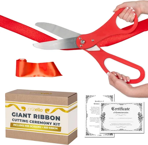 Vista 9 de Crutello Kit de ceremonia de corte de cinta gigante de 20 pulgadas con tijeras XL afiladas y duraderas con mango dorado y 30 pies de cinta roja