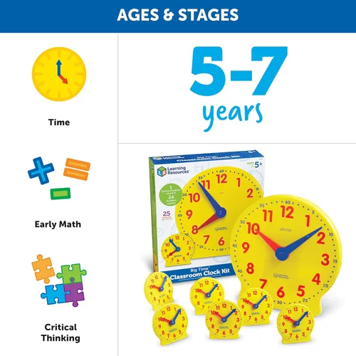 Vista 6 de Learning Resources Kit de reloj para el aula, imprescindible para preescolar, actividad de enseñanza, sobre tarjetas de tiempo flash, juguetes