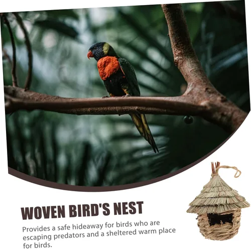 Vista 8 de POPETPOP Nido de loro colgante para pájaros, hecho a mano, delicado nido de pájaro, accesorios para pájaros
