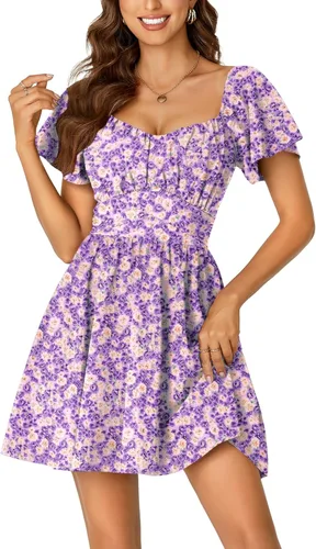 Vista 9 de Rooscier Minivestido acampanado de manga corta con volantes, cuello cuadrado, envolvente y espalda anudada para mujer