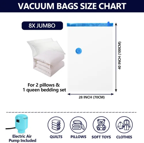 Vista 3 de Bolsas de almacenamiento al vacío para mantas y edredones, 8 bolsas de sellado al vacío jumbo para ropa, mantas, ropa de cama con bomba eléctrica