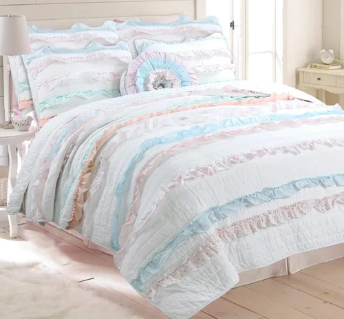 Vista 12 de Cozy Line Home Fashions - Juego de ropa de cama reversible de 100% algodón con volantes, rayas, flores, color amarillo claro y azul para niñas