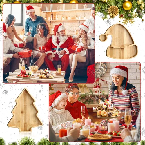 Vista 4 de Meanplan 2 Piezas Bandeja de Servir de Madera Navideña y Fuente Árbol de Navidad y Gorro de Santa Tabla de Charcutería Platos de Cocina Platos
