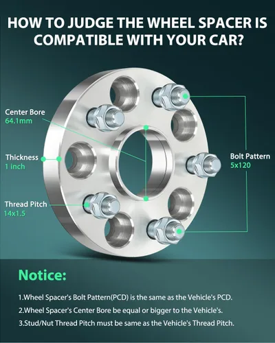 Vista 2 de SCITOO 4 espaciadores de rueda de 5 x 120 pulgadas, calibre de 1 pulgada, pernos de 14 x 1.5 pulgadas, espaciadores de rueda de 5 lengüetas