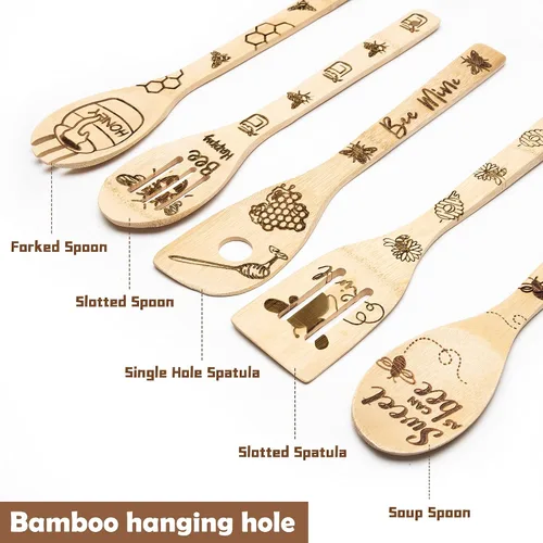 Vista 11 de Eartim Juego de espátulas de madera de abeja, 5 piezas de utensilios de cocina con temática de abeja, antiadherente natural, tallado, cuchara