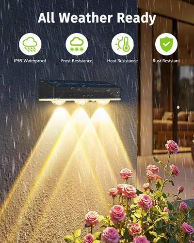 Vista 4 de Luces solares para cerca al aire libre, paquete de 2 unidades, impermeables, de alto brillo, mejoradas, 3 lentes LED solares para terraza, luz