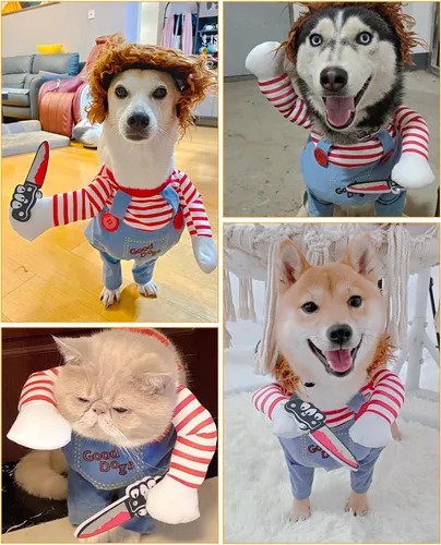 Vista 6 de Disfraz de muñeca mortal para perro, divertido disfraz de perro Chucky para Halloween, Navidad, cosplay, ropa para perros pequeños, medianos