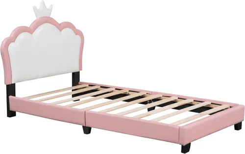 Vista 5 de Elegante cama de princesa tapizada de tamaño individual con cabecera corona, plataforma de piel sintética con soporte resistente de listones